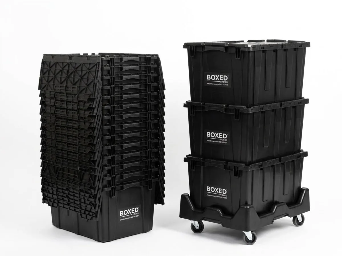 Plastic moving boxes nested with lids open on the left and stacked with lids closed on a rolling dolly on the right