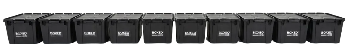 Ten Boxed Moves heavy-duty moving bins lined up side by side