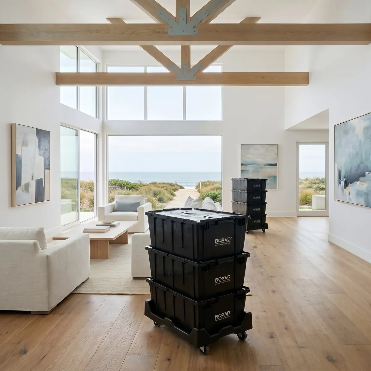 Boxed Moves plastic moving boxes stacked on rolling dollies in a bright oceanfront home